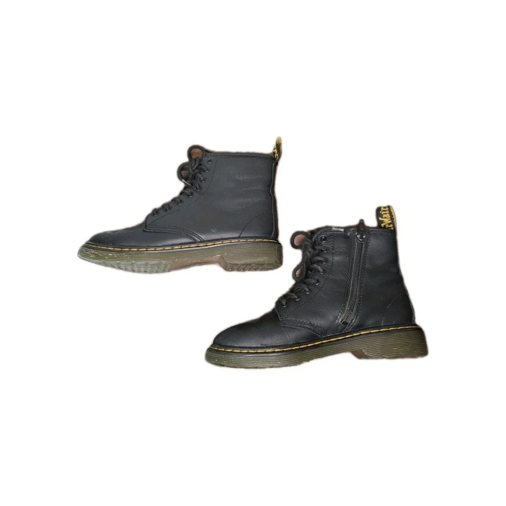 Dr. Martens 1460 J Kids Youth Black Leather Lace Up Boots Side Zip US 2 EU 33